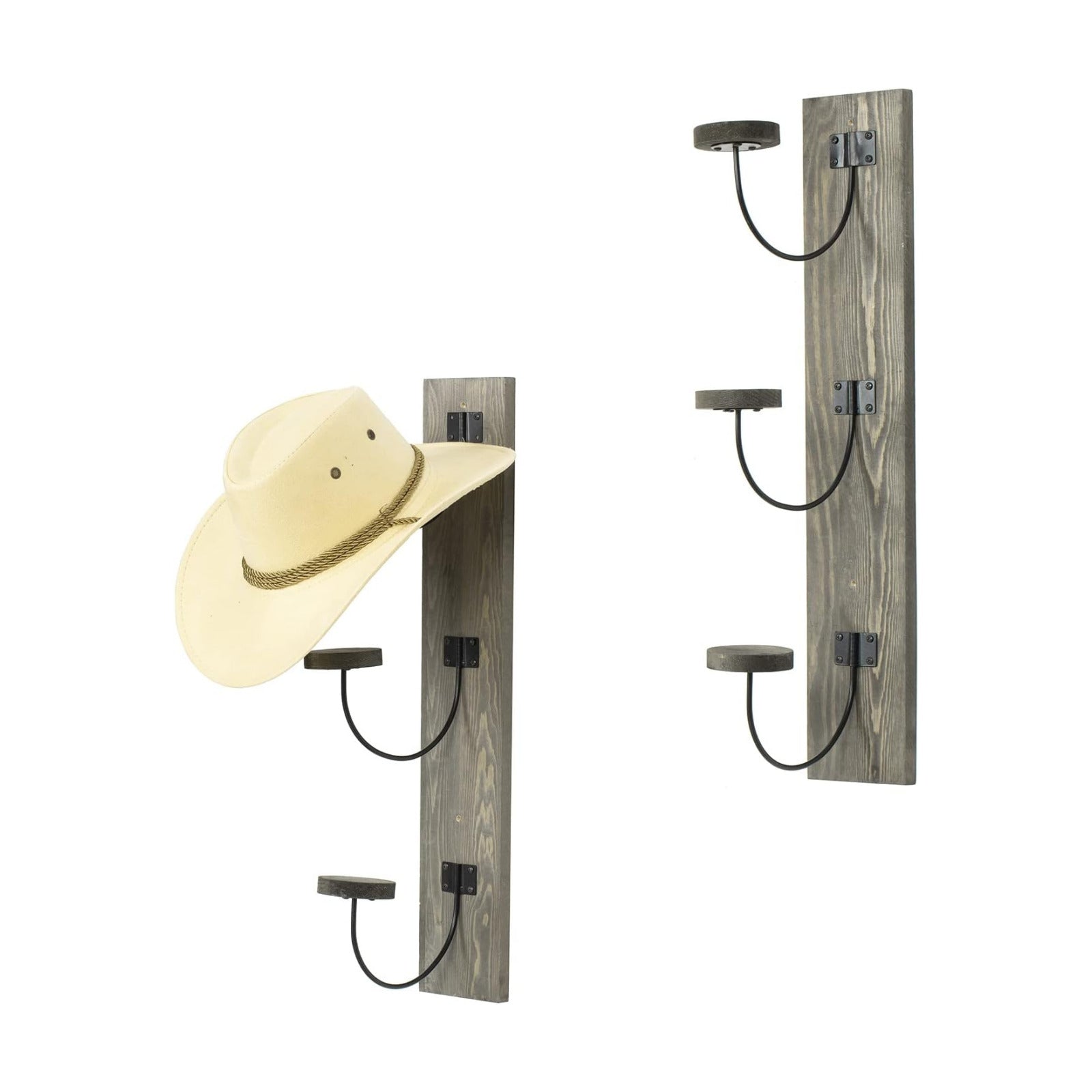 MyGift 2 Pcs Hat Rack Wall Mount, Cowboy Hat Organizer Holder, Coat, Cap Clothes Hanger with Metal Wire and Wood Hooks