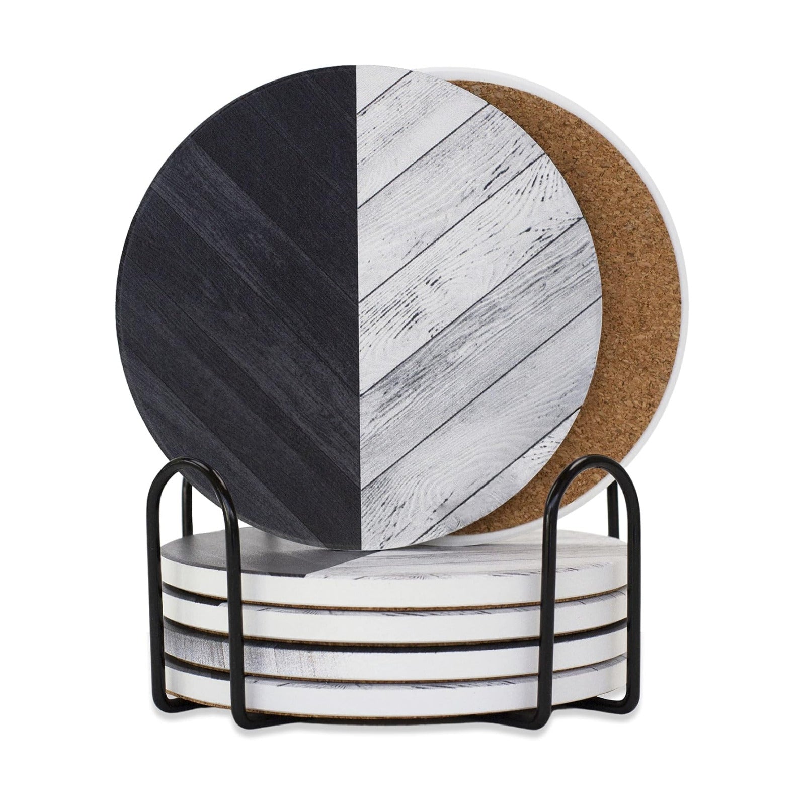 Ceramic Coasters for Drinks / Black & White Parquet Wood / Set of 6