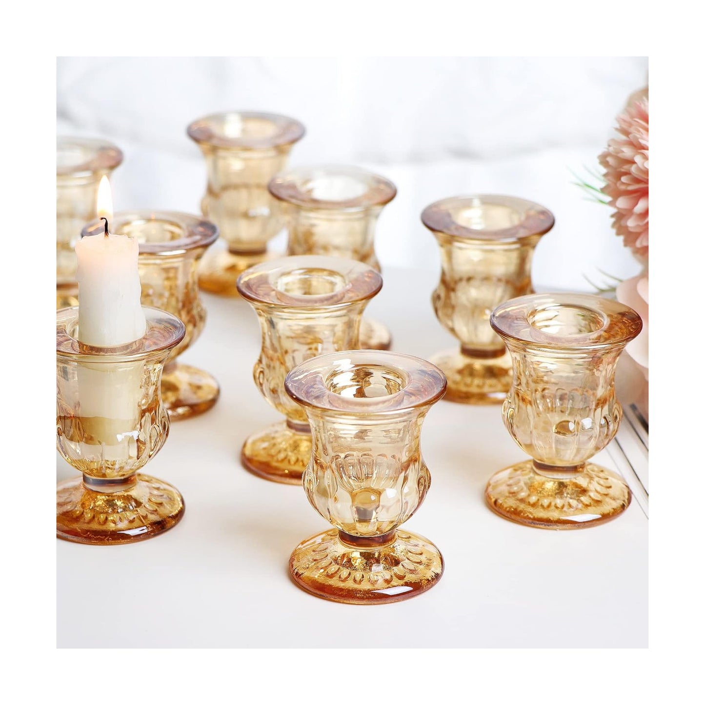 Letine Gold Candlestick Holders Set of 12-2.5" H Taper Candle Holders Bulk -Gold Glass Candle Holder for Valentine's