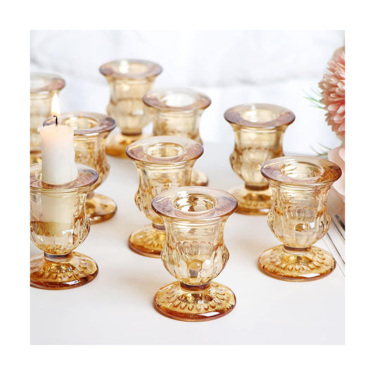 Letine Gold Candlestick Holders Set of 12-2.5" H Taper Candle Holders Bulk -Gold Glass Candle Holder for Valentine's