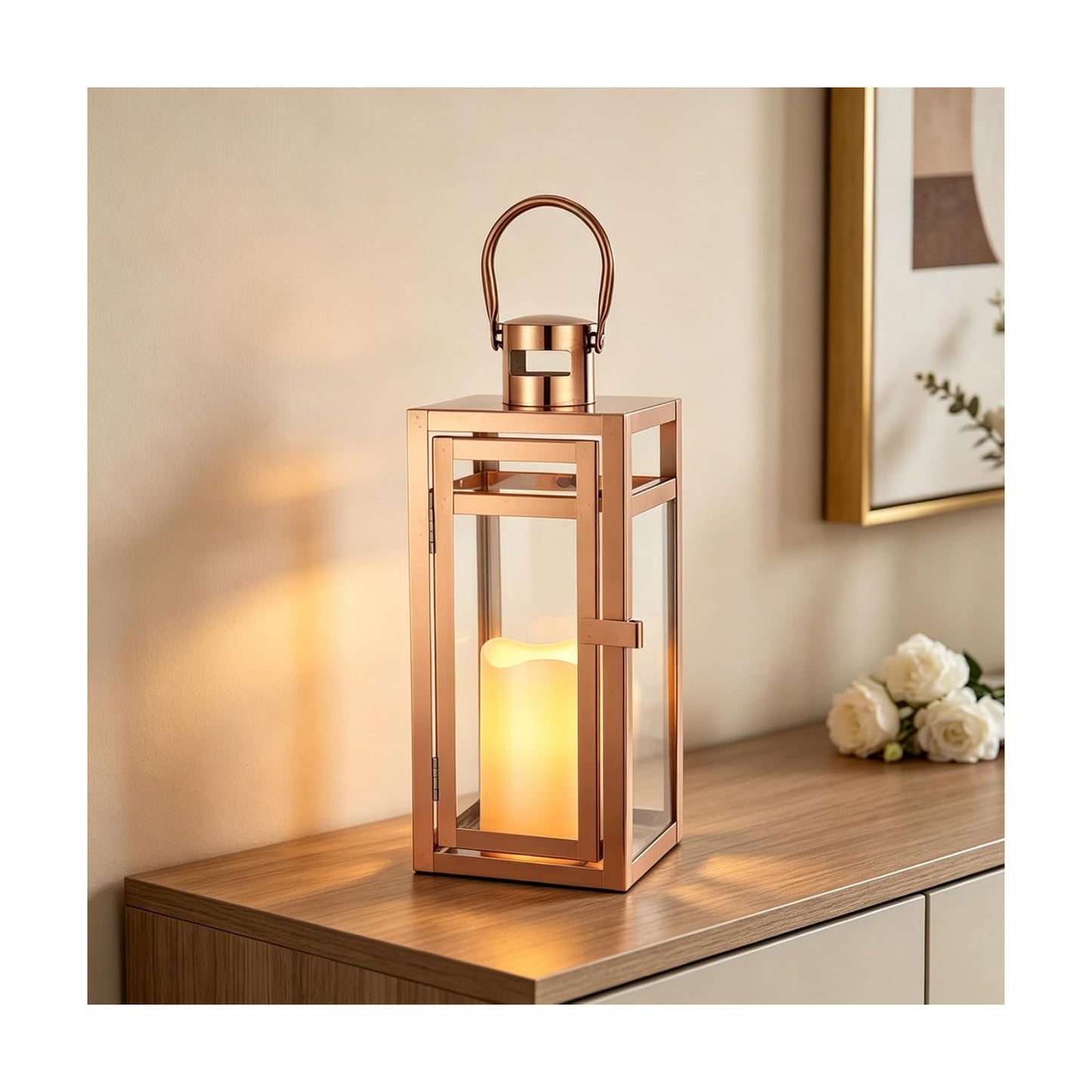 TRIROCKS Stainless Steel Decorative Lantern 12'' High Metal Candle Holder with Tempered Glass Perfect for Home Decor