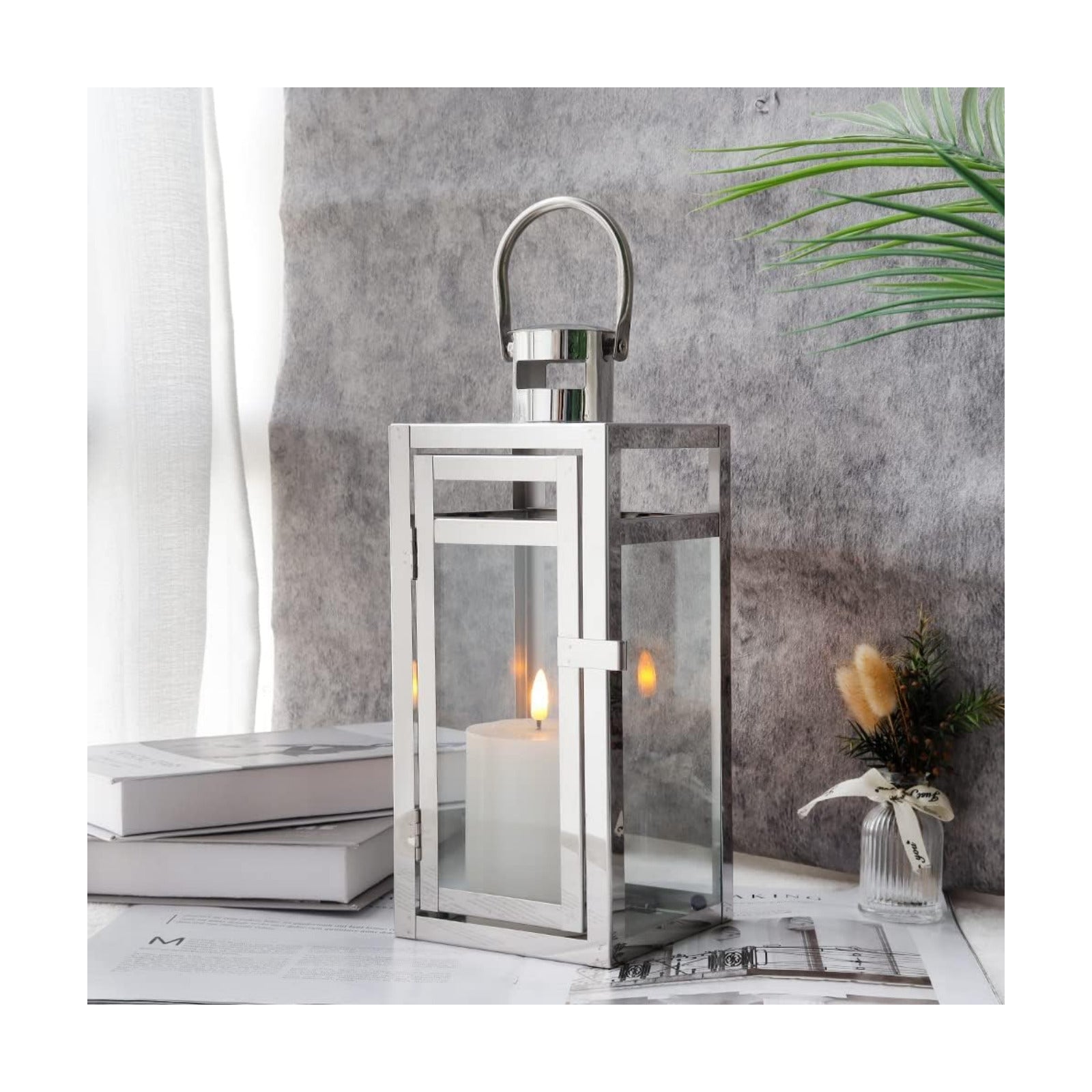 TRIROCKS Stainless Steel Decorative Lantern 12'' High Metal Hanging Lantern with Tempered Glass Perfect for Home Decor