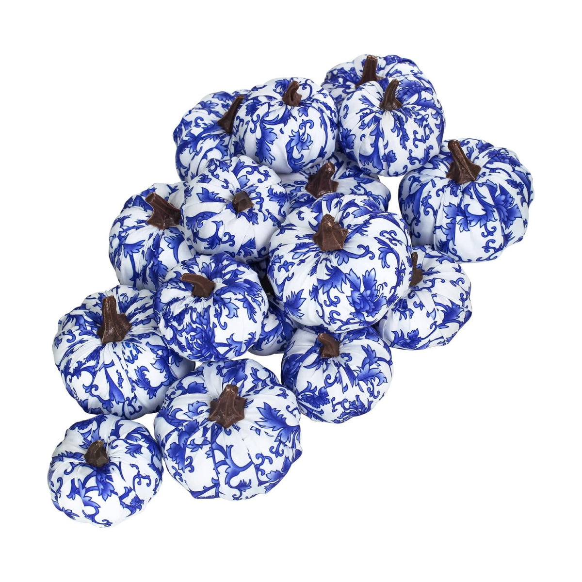 Winlyn 16 Pcs Assorted Small Faux Decorative Blue and White Fabric Pumpkins Foam Chinoiserie Chic Pumpkins for Farmhouse Fall Halloween Thanksgiving Bowl Centerpiece Table Mantel Home Decor Gifts