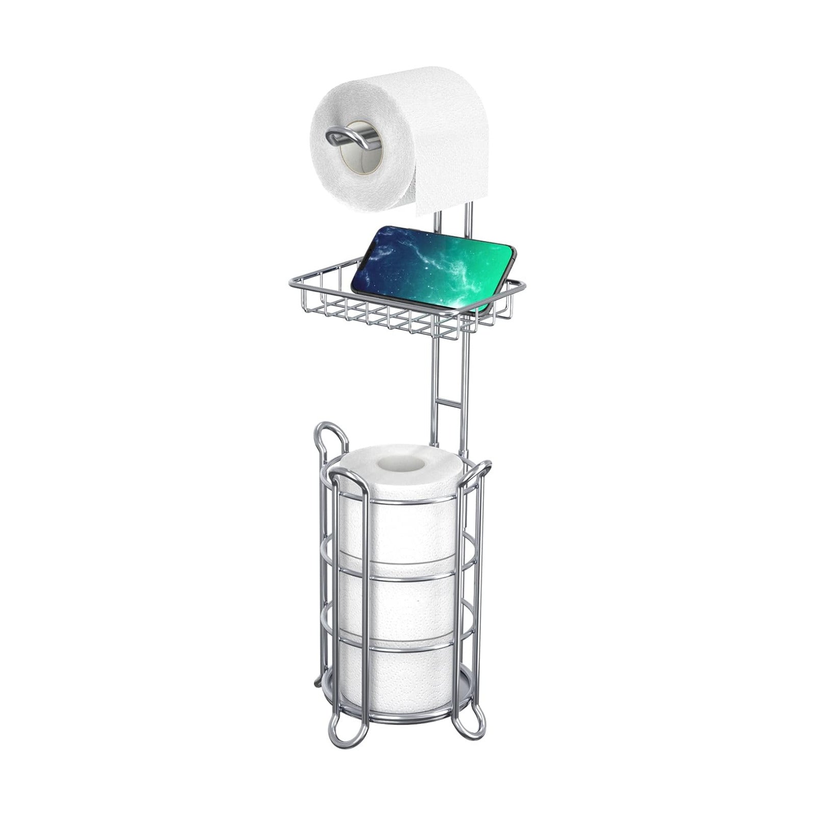 Chrome Toilet Paper Holder Stand Tissue Holder for Bathroom with Shelf Storage Holds 4 Mega Rolls Phone and Wipes