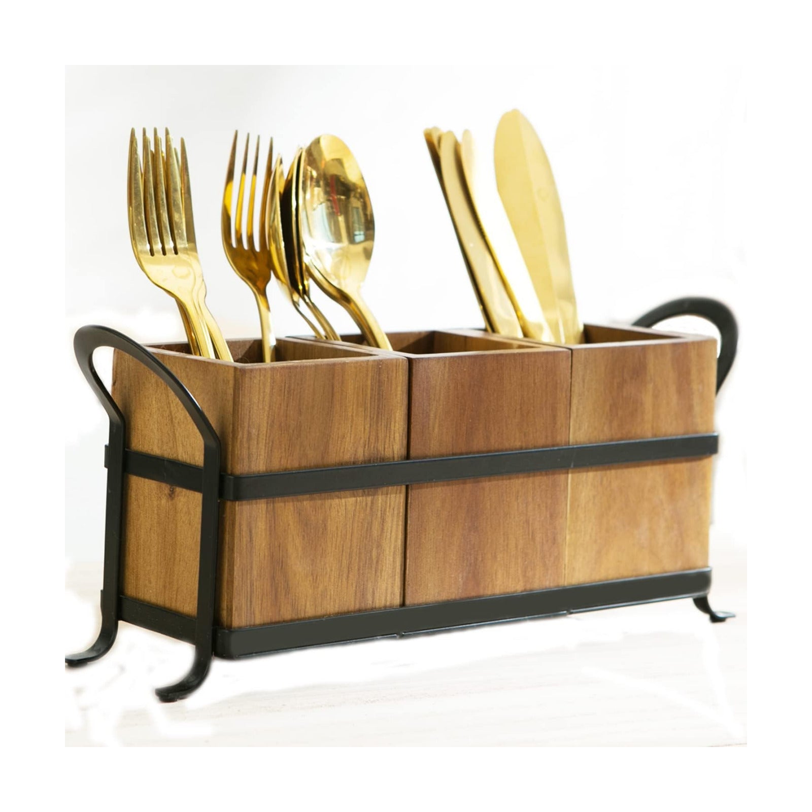 NelyBet Utensil Caddy Silverware Cutlery Holder with 3 Compartment, Wooden Utensil Crock Flatware Organizers with Metal