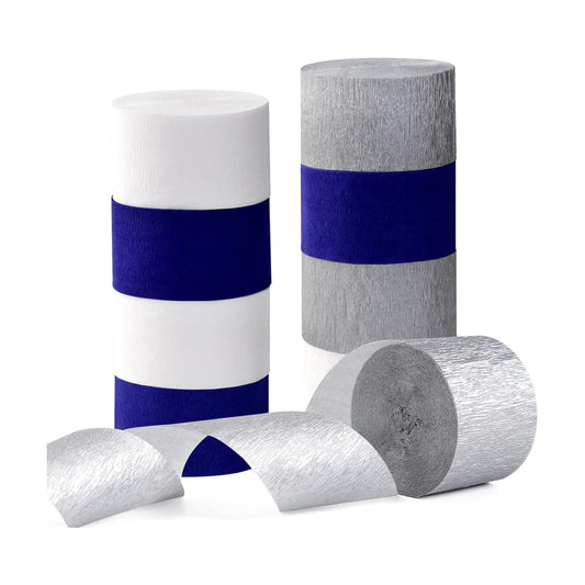Navy-Blue White- Silver Crepe Paper Streamers / Navy Blue White Silver