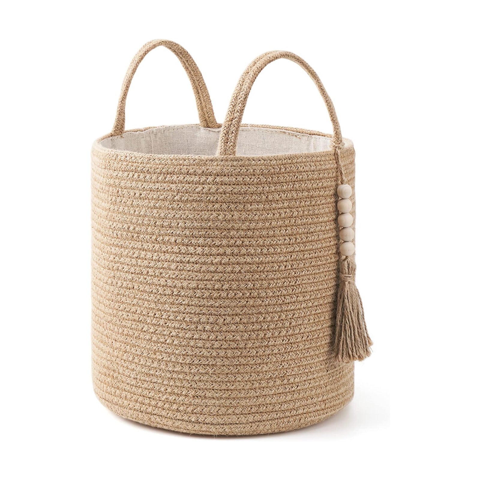 Woven Storage Basket Decorative Natural Rope Basket Wooden Bead Decoration / Brown / 11"W x 11"L