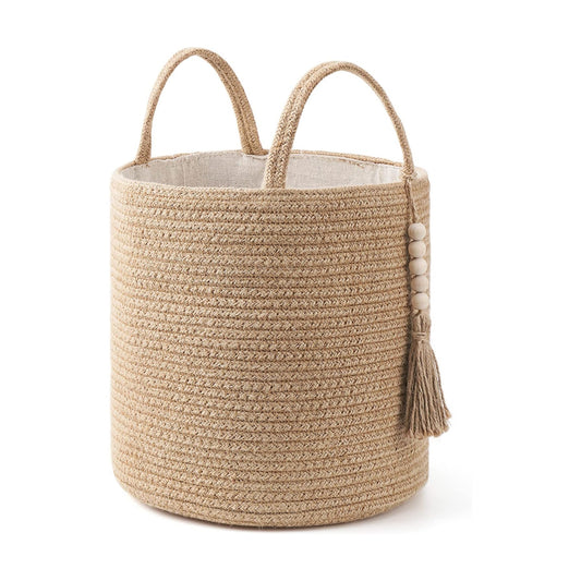 Woven Storage Basket Decorative Natural Rope Basket Wooden Bead Decoration / Brown / 11"W x 11"L