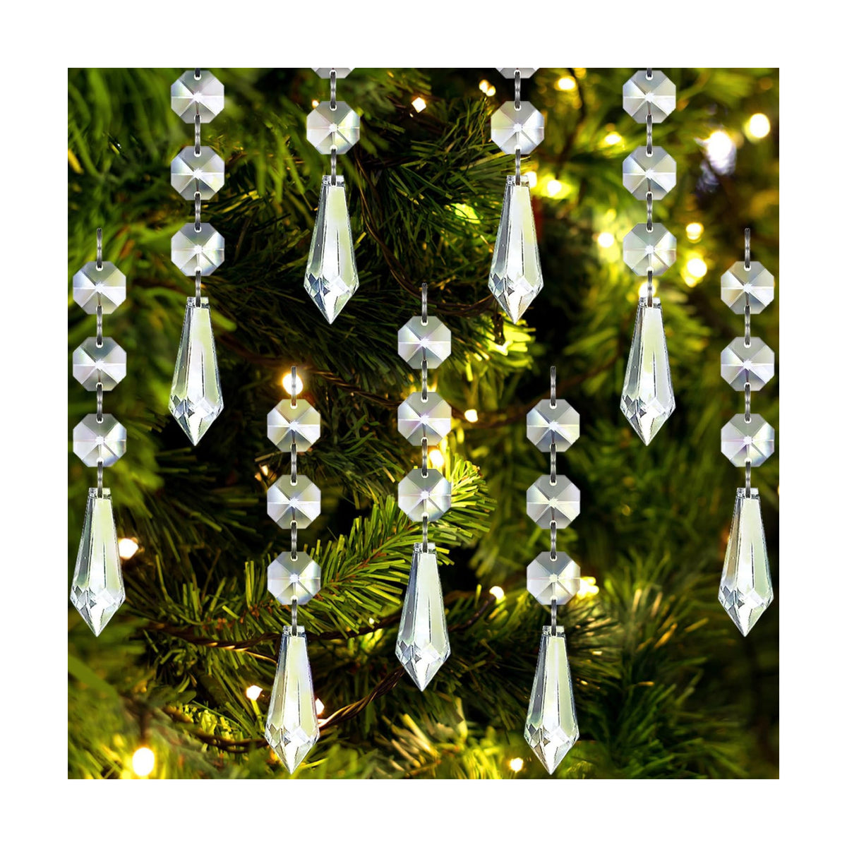 Jishi 30pk Crystal Ornaments for Christmas Tree Decorations, Acrylic Hanging Crystals for Centerpieces Home Decor, Clear Plastic Icicle Prism Drop Pendant w/Crystal Beads for Chandelier Party Supplies