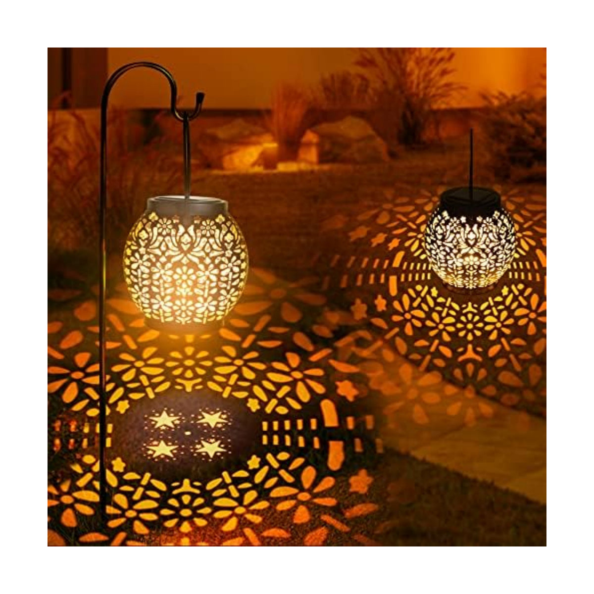 Brizled Solar Lantern Lights, 2 Pack Outdoor LED Hanging Lantern Lights with Star Projection, Warm White Solar Garden Lighting Retro Table Lanterns Light Waterproof for Garden Patio Courtyard Path