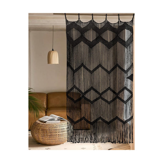 Macrame Curtain Boho Window Macrame Doorway Curtain Macrame Wall Decor Bedroom Headboard / Black