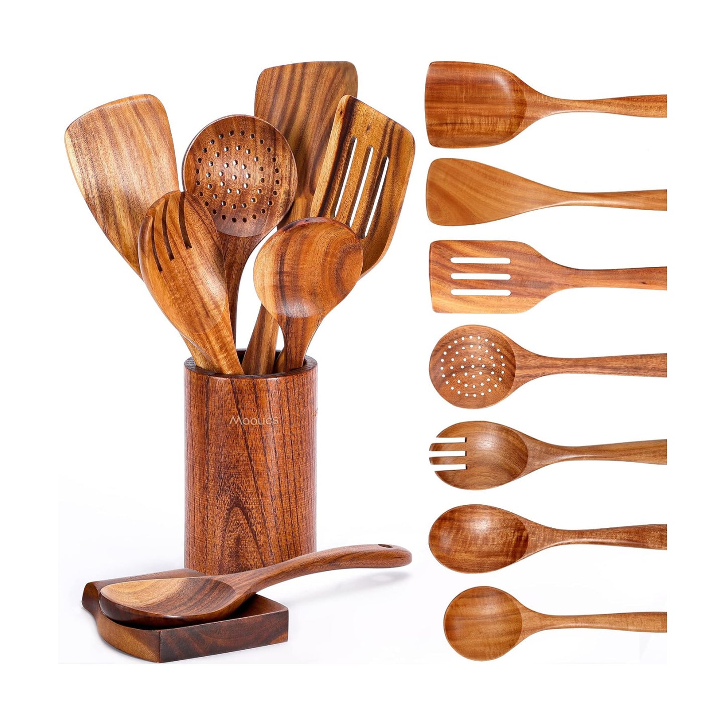 Mooues Wooden Kitchen Utensil Set, 9 Piece Natural Teak with Spoon Rest | Wooden Cooking Utensils with Comfort Grip