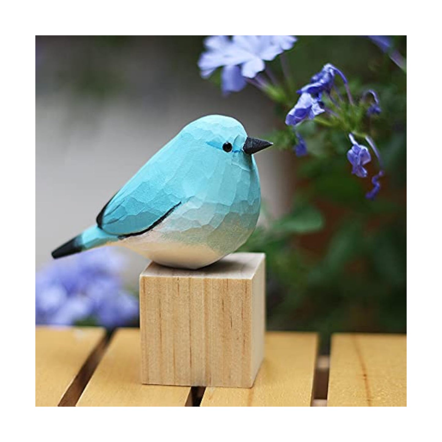 Hand carved wood bird statue / Blue Robin