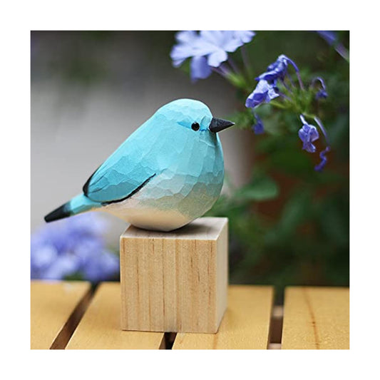 Hand carved wood bird statue / Blue Robin