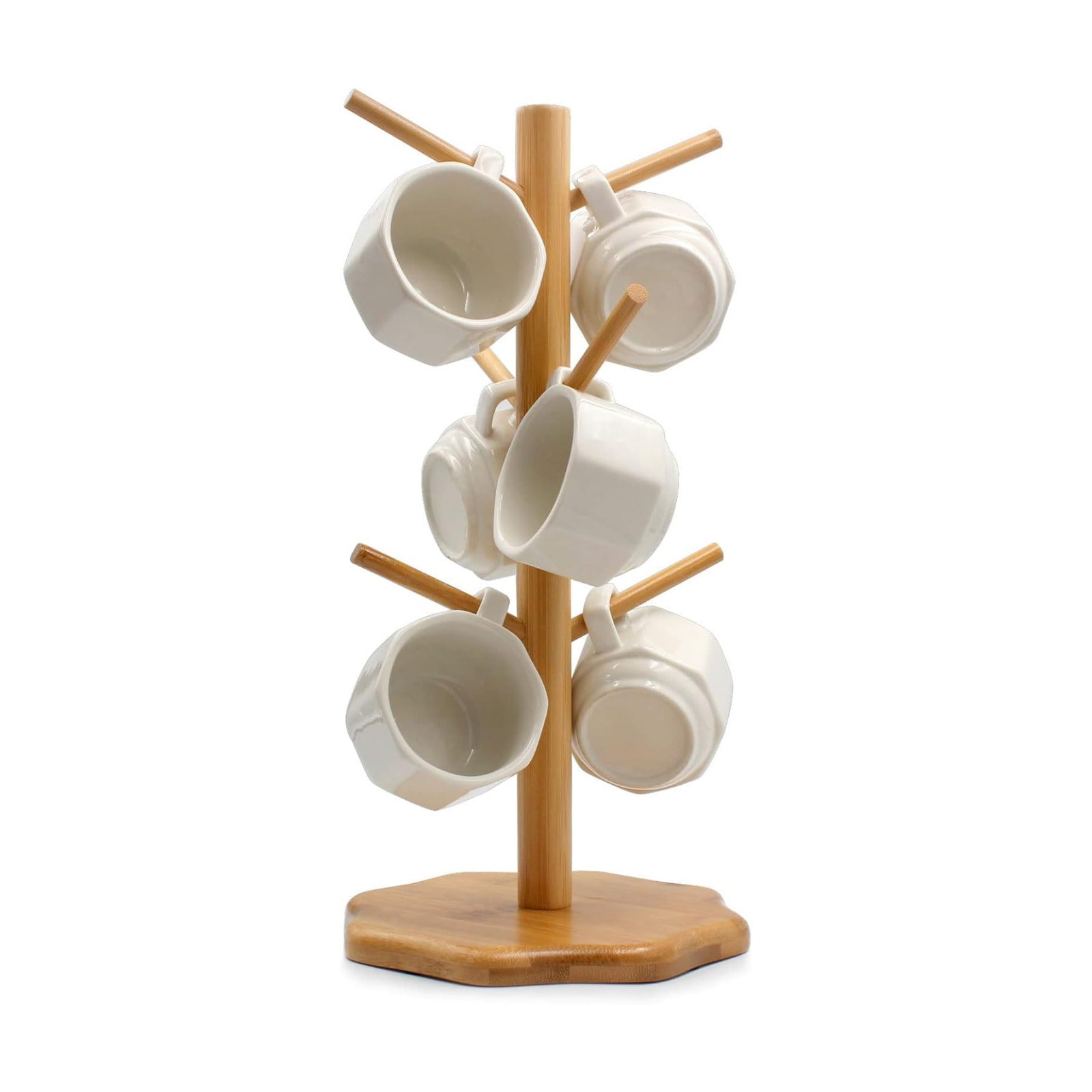Bamboo Countertop Mug Tree Stand with 6 Hooks, Octagon Base Coffee Cup Tree