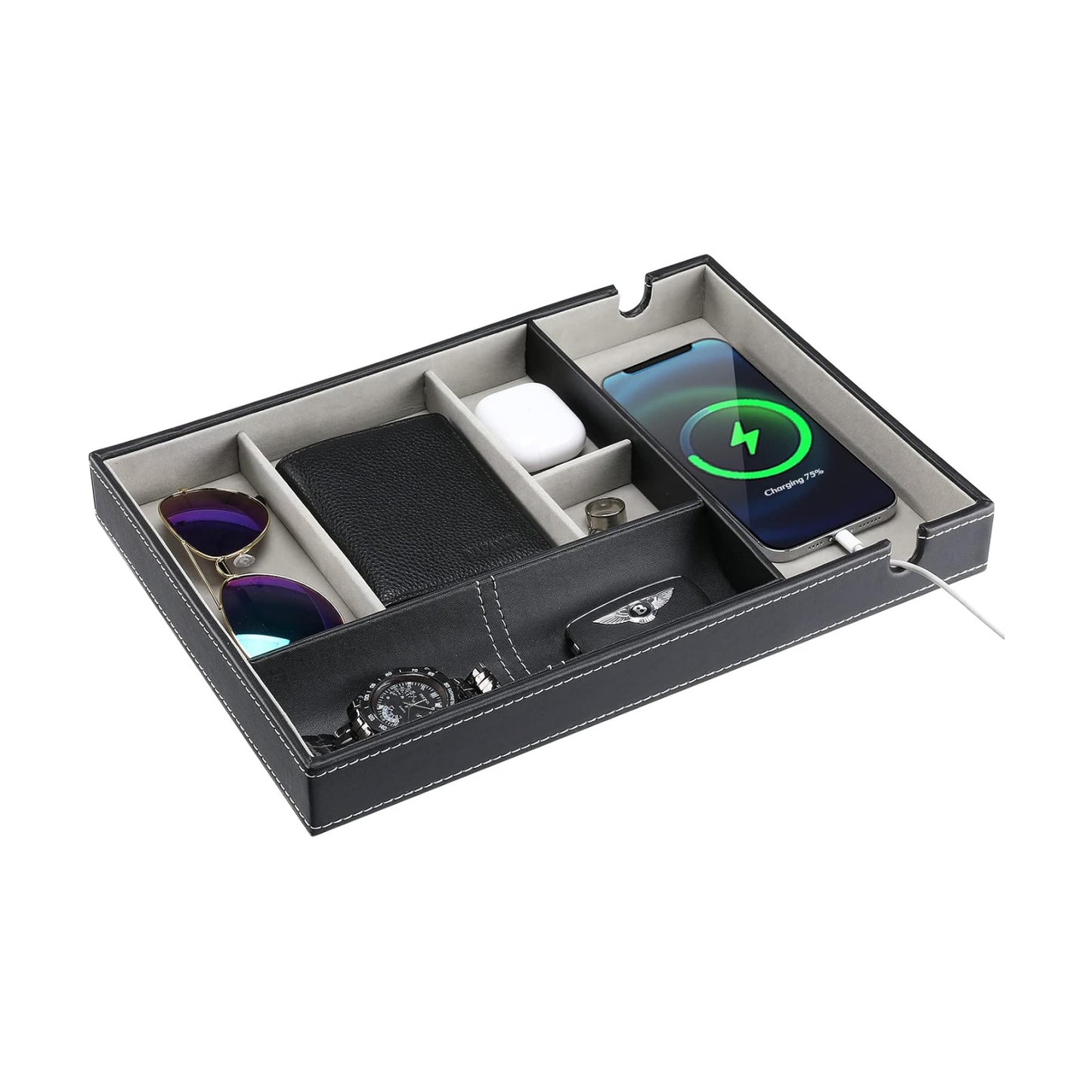 ProCase 1 Layer Valet Tray for Men, PU Leather Nightstand Organizer with Charging Slot for Bedside Table Desk Top -Black