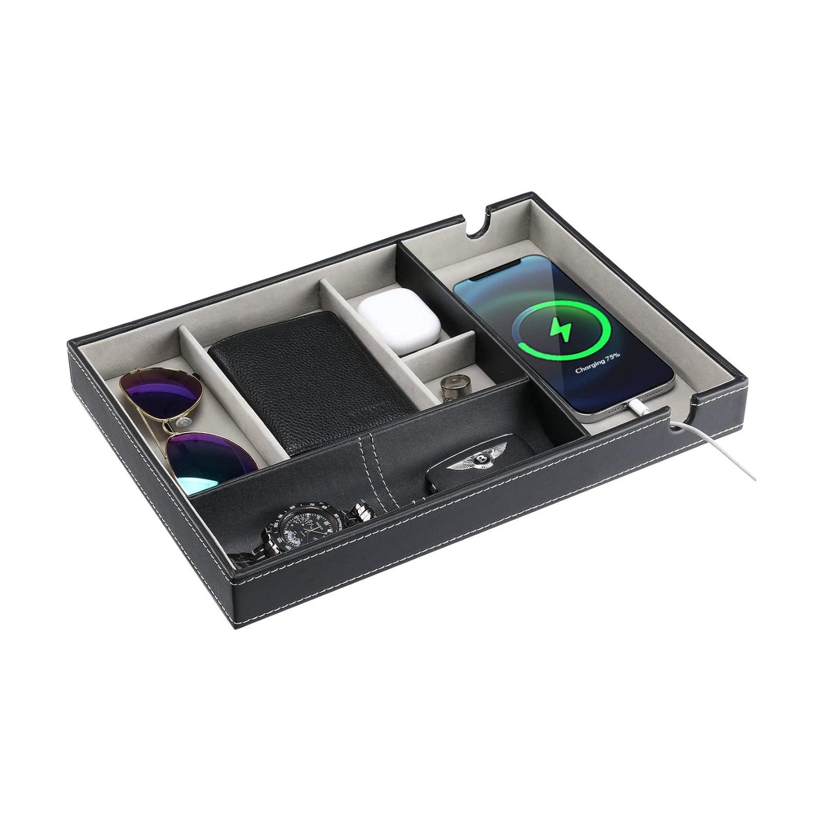 ProCase 1 Layer Valet Tray for Men, PU Leather Nightstand Organizer with Charging Slot for Bedside Table Desk Top -Black