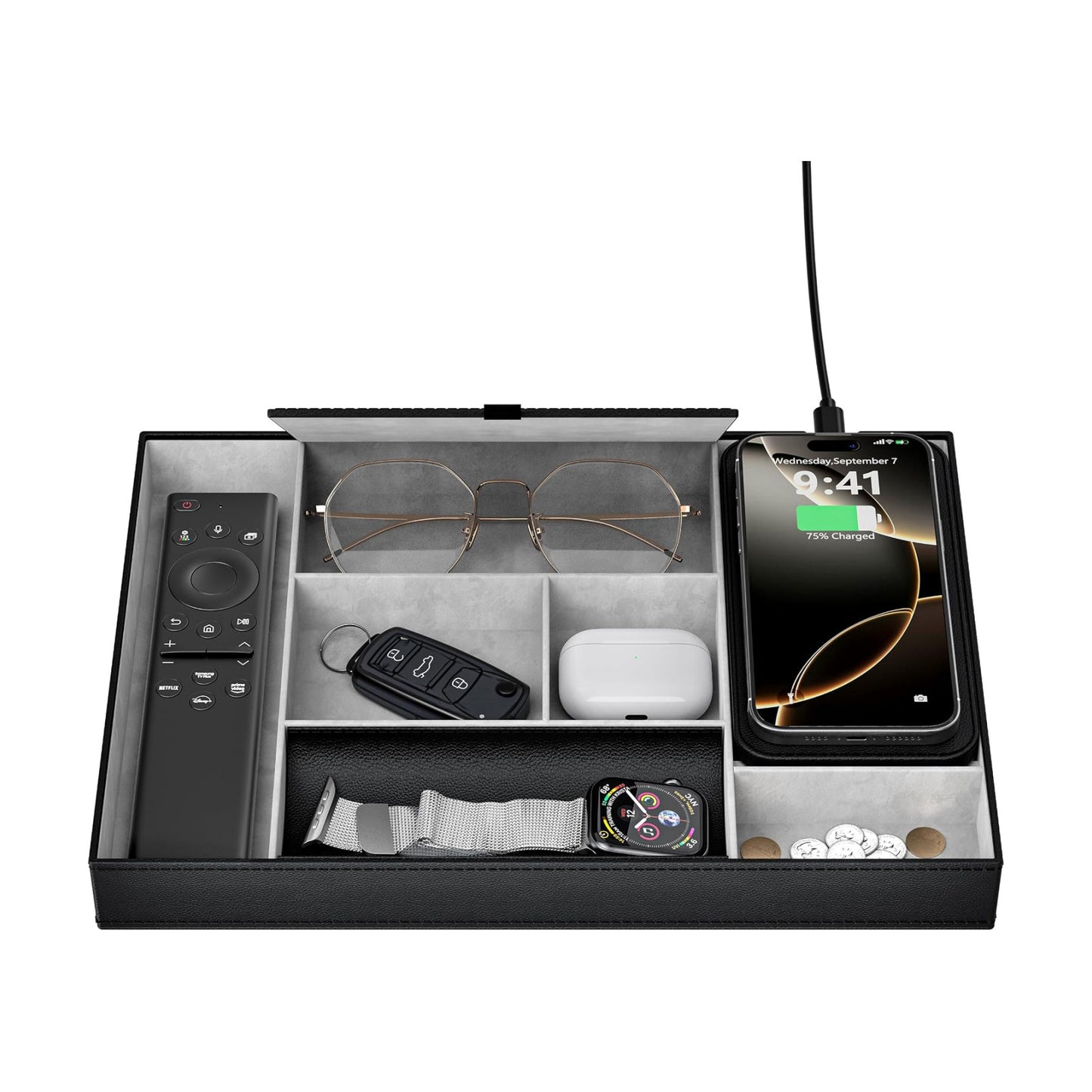Leather Valet Tray with Wireless Charging Pad - Luxury EDC Nightstand Organizer for Men - Premium Desk Tray for Phone