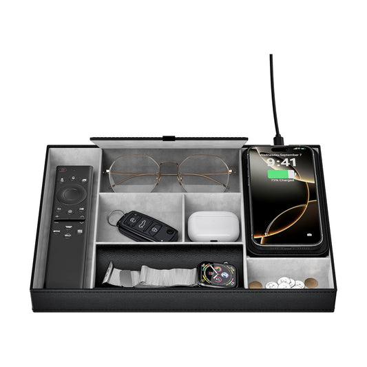 Leather Valet Tray with Wireless Charging Pad - Luxury EDC Nightstand Organizer for Men - Premium Desk Tray for Phone