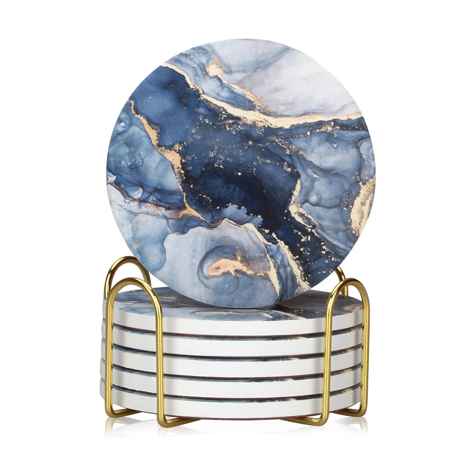 Holder / Marble Abstract Round Ceramic Coasters / Navy Blue / Set of 6