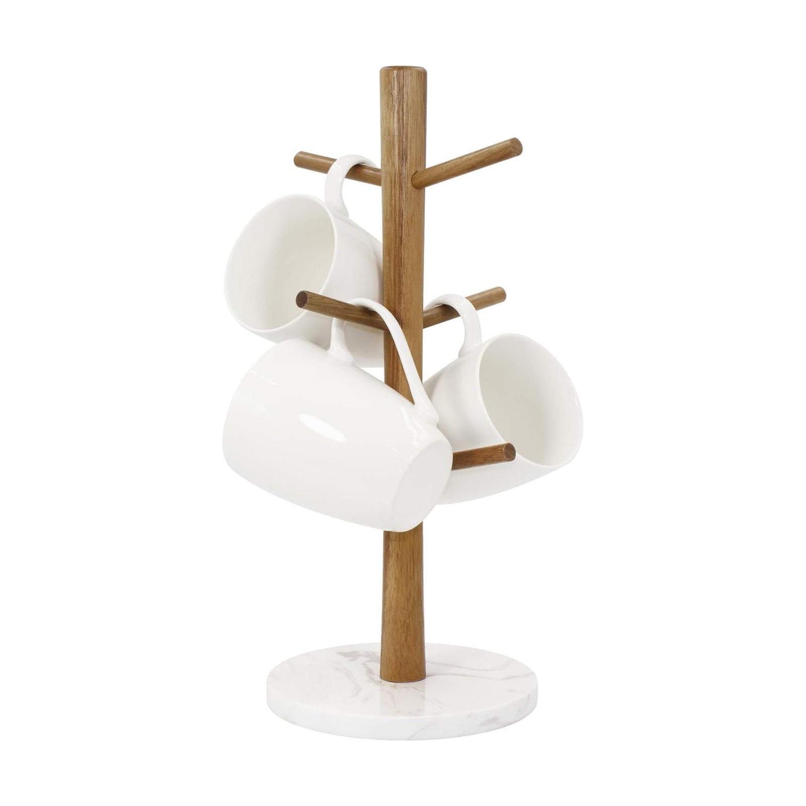 Buruis Acacia Wood Mug Holder with Marble Base, 6 Hook Mug Tree, White | Coffee Mug Rack for Countertop, Space-Saving