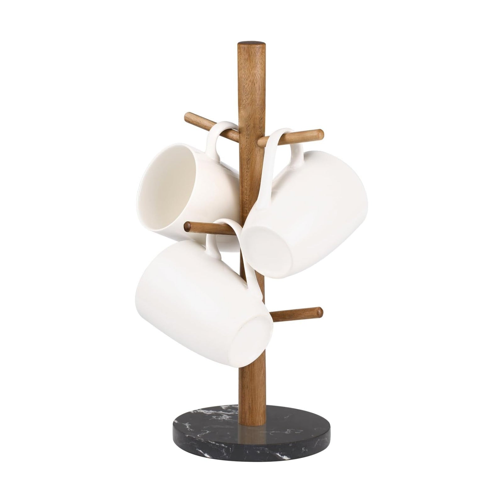 Buruis Mug Holder, Acacia Wood & Marble Base, 6 Hooks Kitchen Countertop Coffee Tea Cups Organizer | Coffee Mug Rack