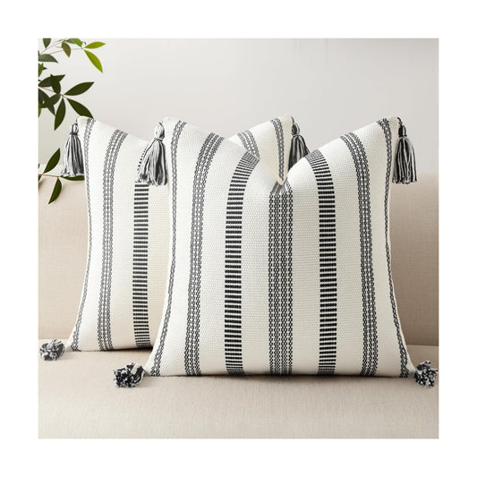 Boho Outdoor Couch Throw Pillow Covers / Black and Cream White / 20 x 20 / Set of 2