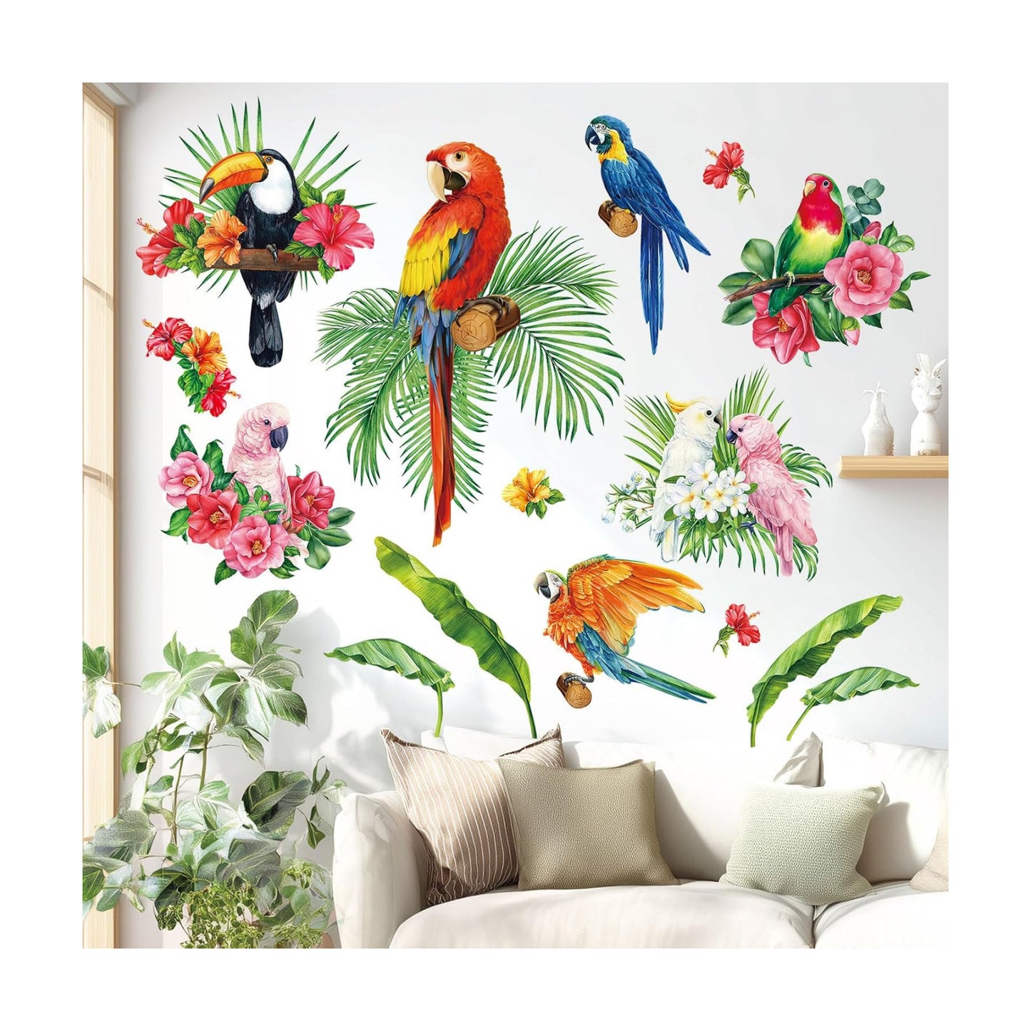 SG2-108 Tropical Plants Parrot Wall Decals Leaf Birds Watercolor Stickers for Kids / Green
