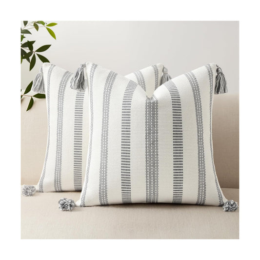 Boho Outdoor Couch Throw Pillow Covers Decorative Thick / Grey and Cream White / 20 x 20 / Set of 2