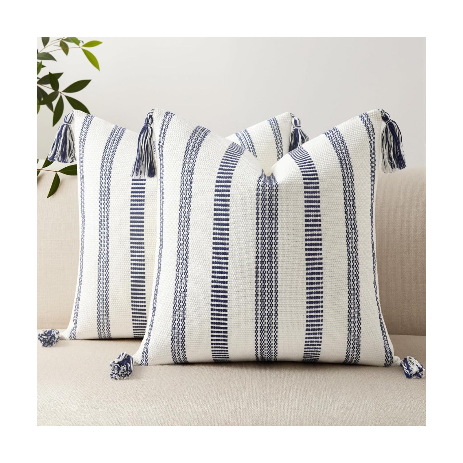 Boho Outdoor Couch Throw Pillow Covers Decorative / Navy Blue and Cream White / 20 x 20 / Set of 2