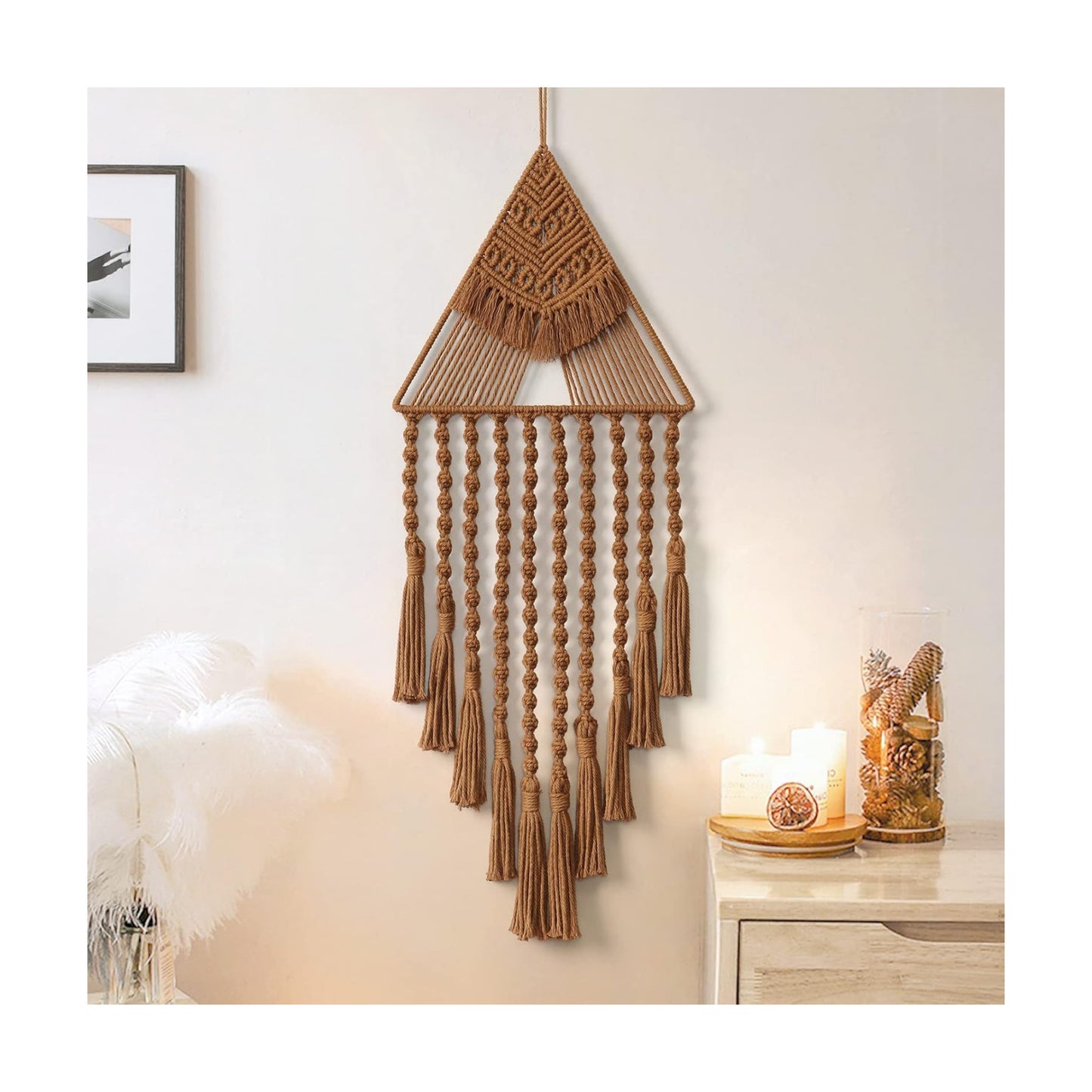 Macrame Woven Wall Hanging Dream Catcher Triangle Tassel Geometric Art Boho Backdrop / Brown
