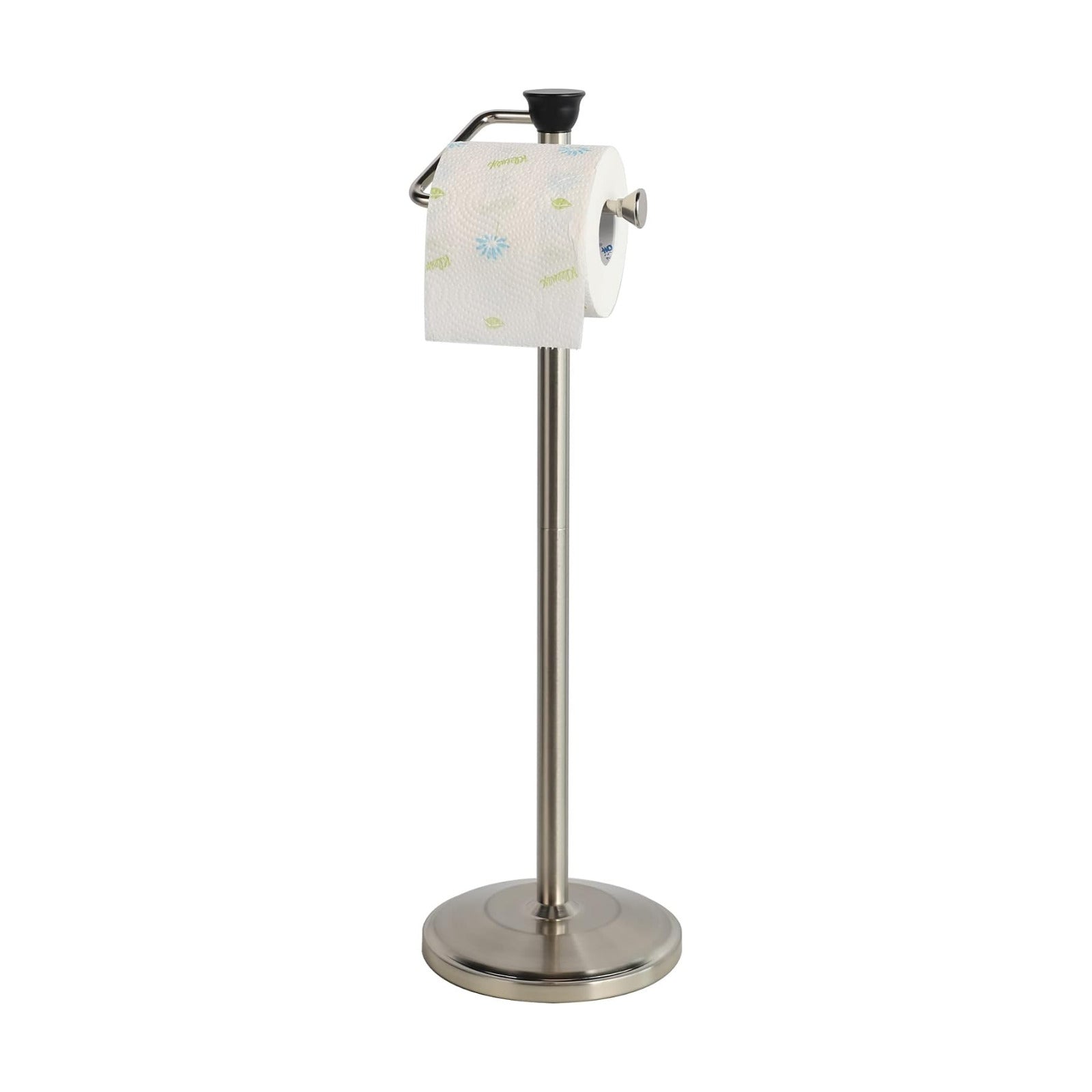 Toilet Paper Holder with Storage - Free Standing Tissue Dispenser - Nickel Finish - Holds up to 5 Mega Rolls - No Tools