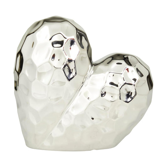 Porcelain Ceramic Heart Decorative Sculpture Dimensional Angled Origami / Silver / 8 x 3 x 8