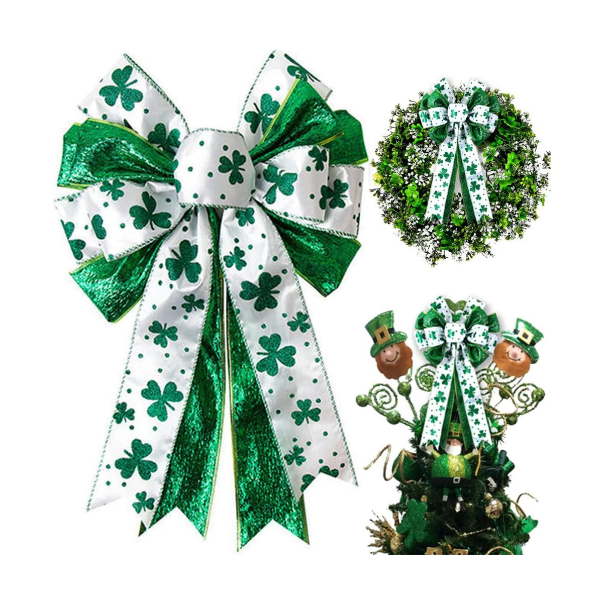 St Patricks Day Bow for Wreath Decorations,11.4 * 19.6in Large White Green Glitter Shamrock Bowknot Irish Holiday Crafts Bows for Tree Topper Front Door Outdoor Outside