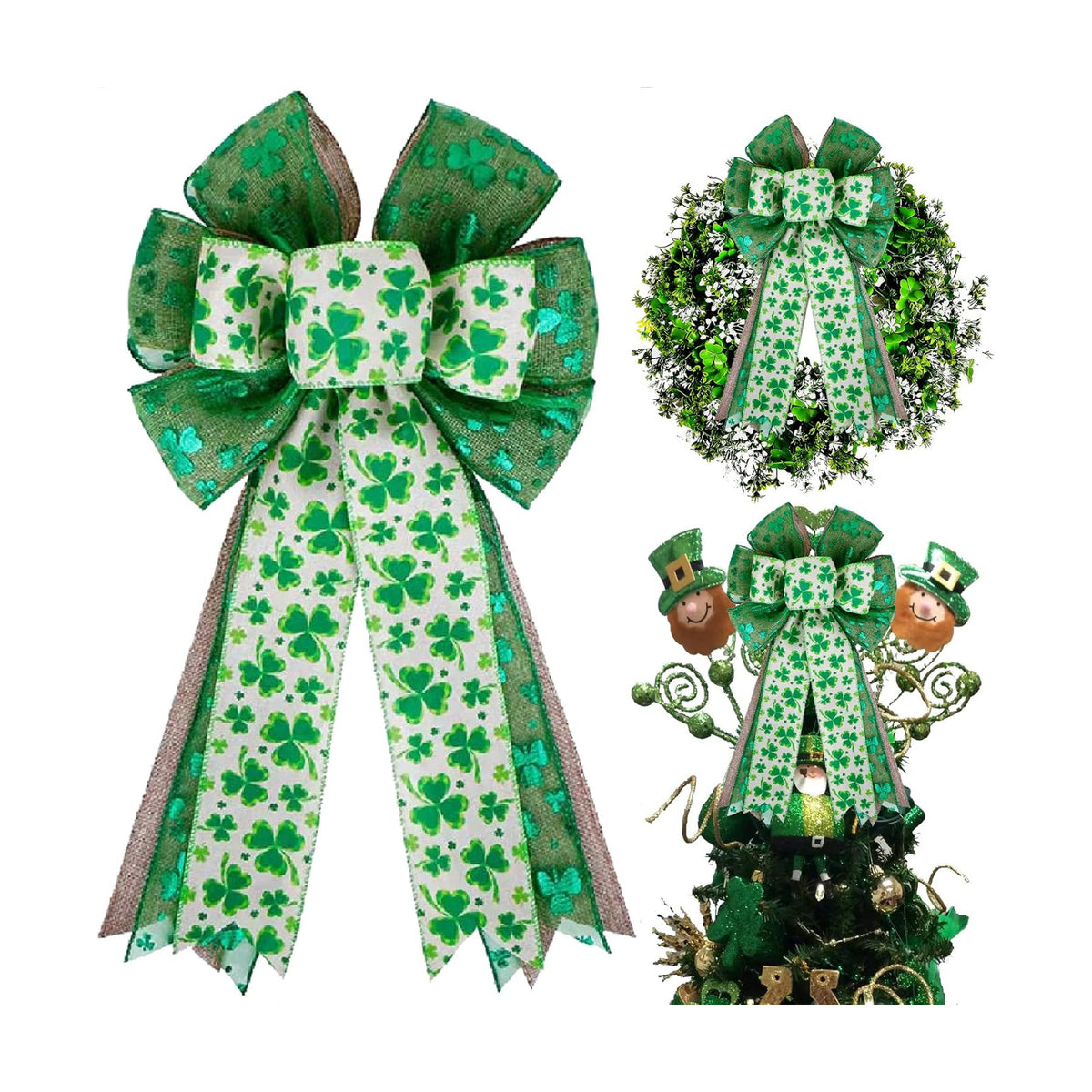 St Patricks Day Bow for Wreath Decorations,St Patricks Day Tree Topper Bows,Large Burlap White Green Glitter Shamrock Bowknot Irish Holiday Crafts Bows for Front Door Outdoor Outside