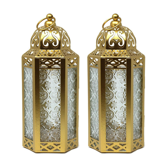 Vela Lanterns Decorative Indoor Moroccan Candle Holders, Gold, M, 2-Pack | Ramadan Decorations for Home, Eid Candle