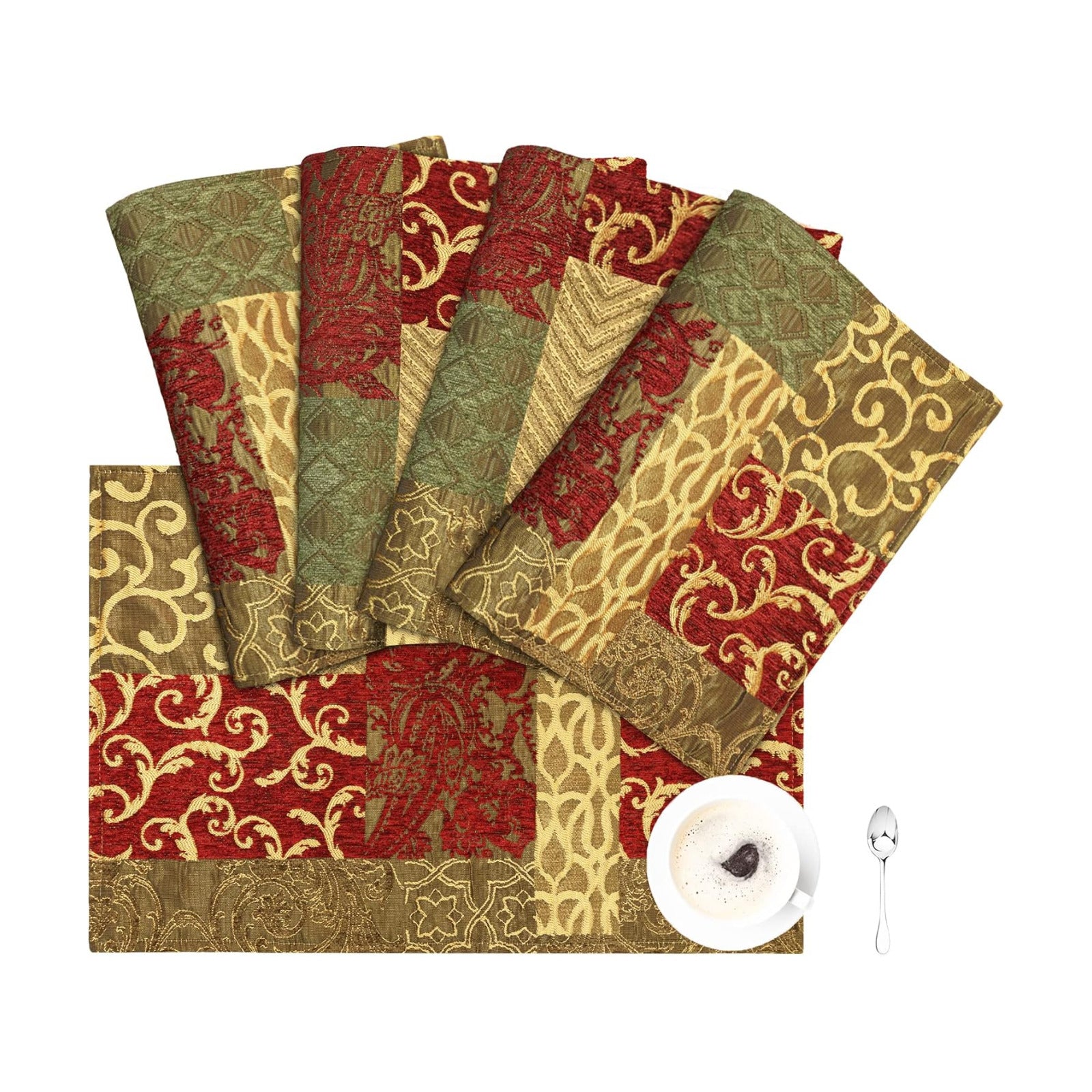 Loom and Mill Damask Patchwork Table Placemats Set of 4, Red Gold, 12x18in | Chenille Jacquard Fabric, Double Layer