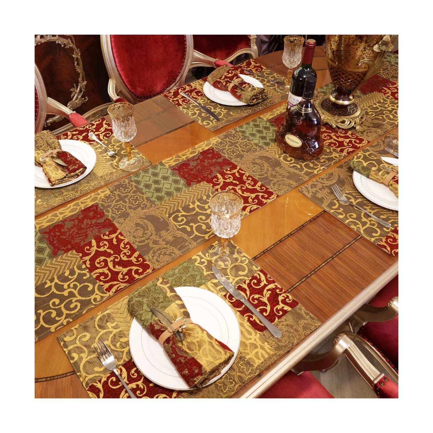 Loom and Mill Luxury Jacquard Table Runner 13x72 inch, Triangle-Red Gold | Patchwork Design Chenille Dining Table
