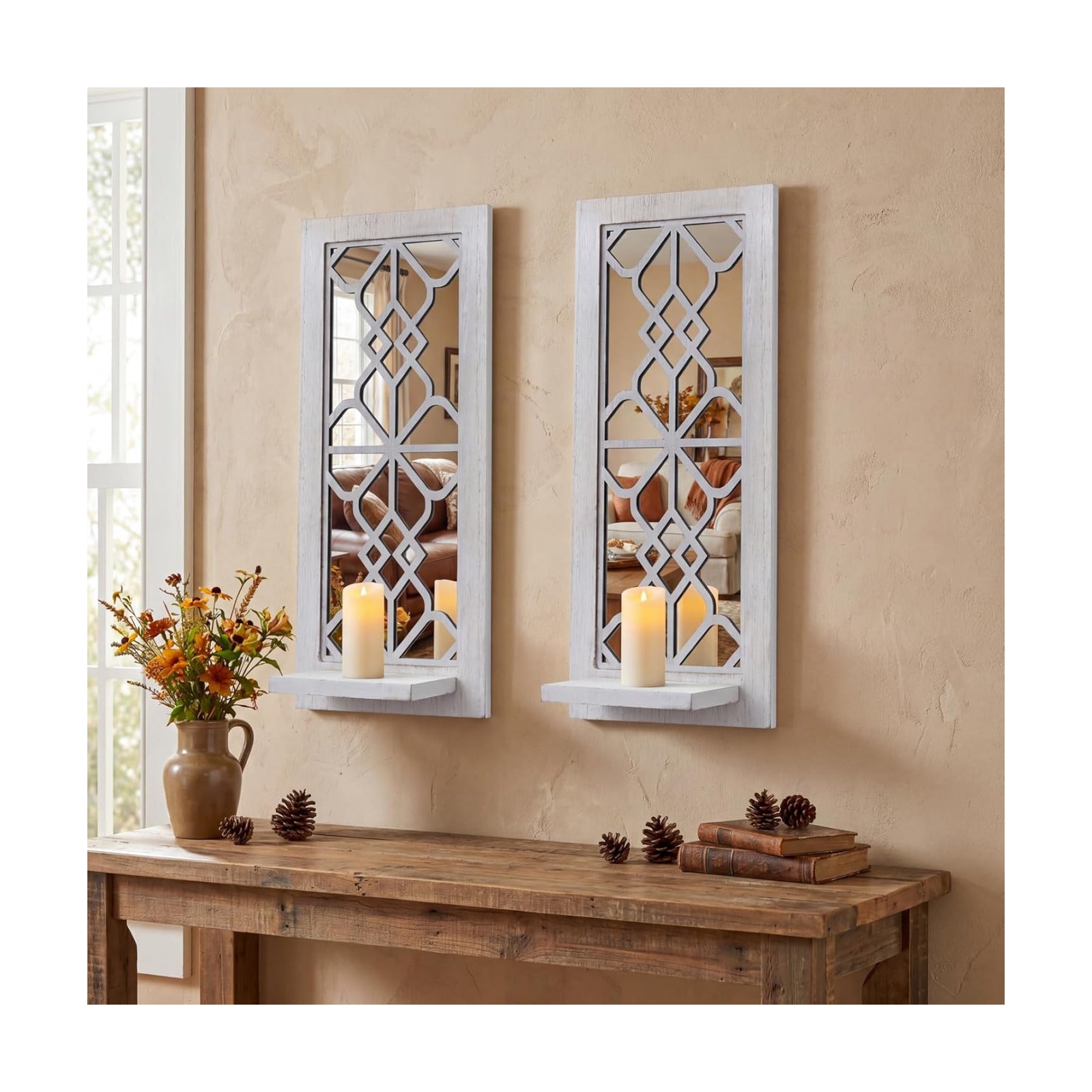 Rustic Candle Sconces Living Room Bedroom Entryway Wood Mirrored / White-16.5 Inch / Set of 2
