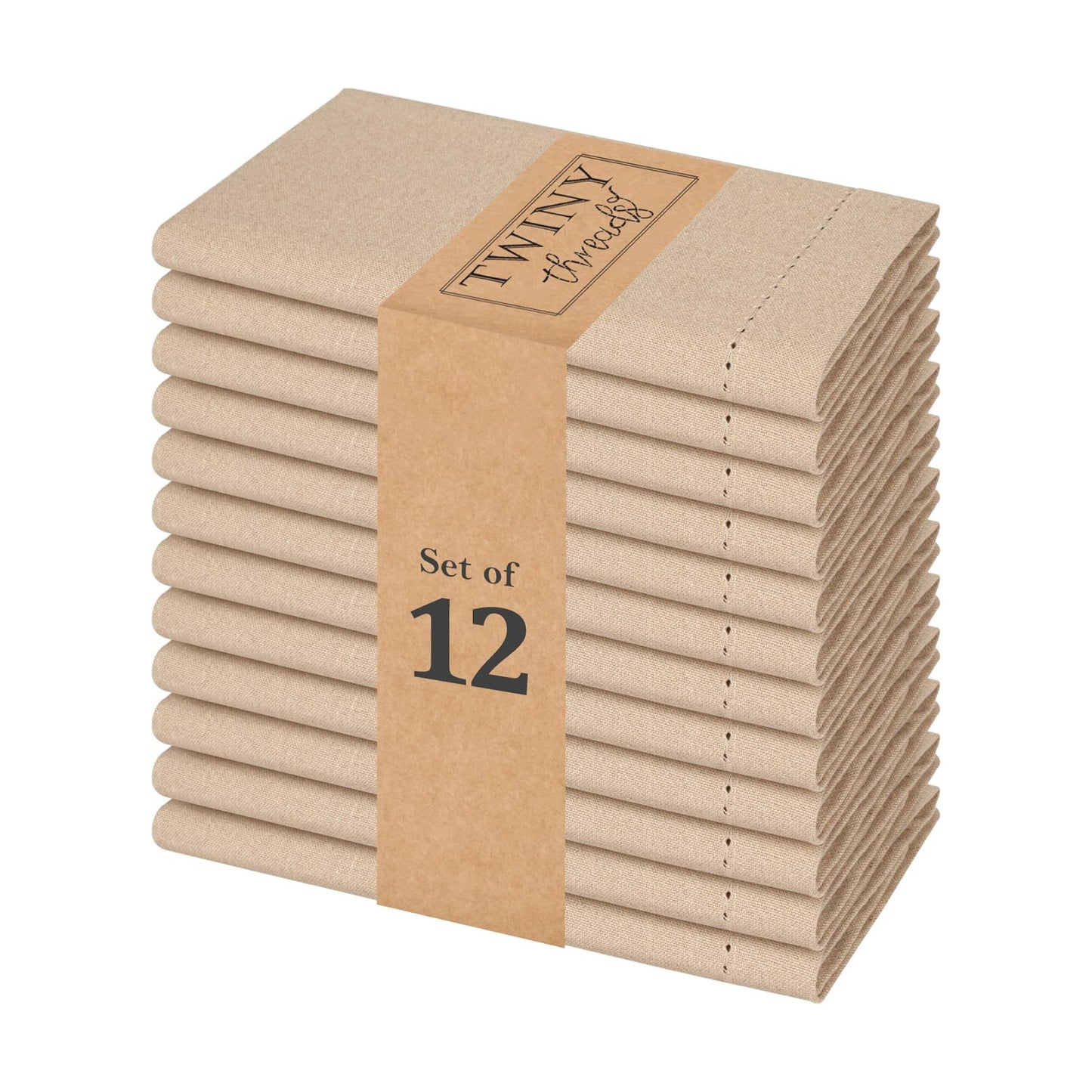 TWINY threads 12Pcs 100% Cotton Cloth Napkins, 18"x18", Reusable, Beige | Hemstitch Dinner Napkins, Absorbent