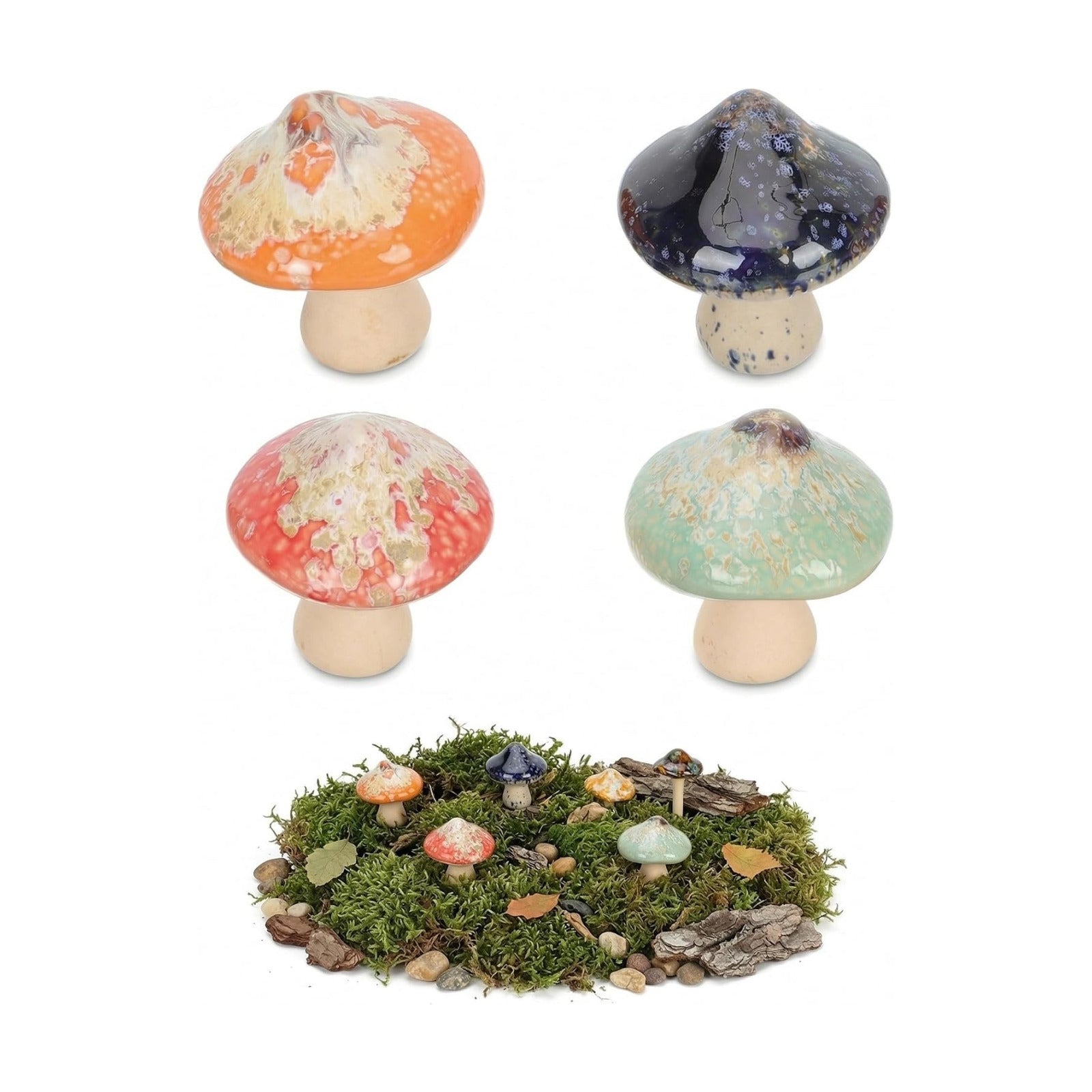 Ceramic Mushroom Garden Decor Kiln Transformed Mushroom Figurines / Set of 4