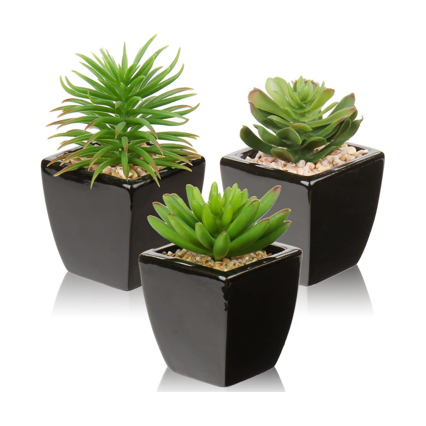 Small Succulents Artificial Faux Succulents in Pots Fake Succulent Plants / Black Ceramic / Set of 3