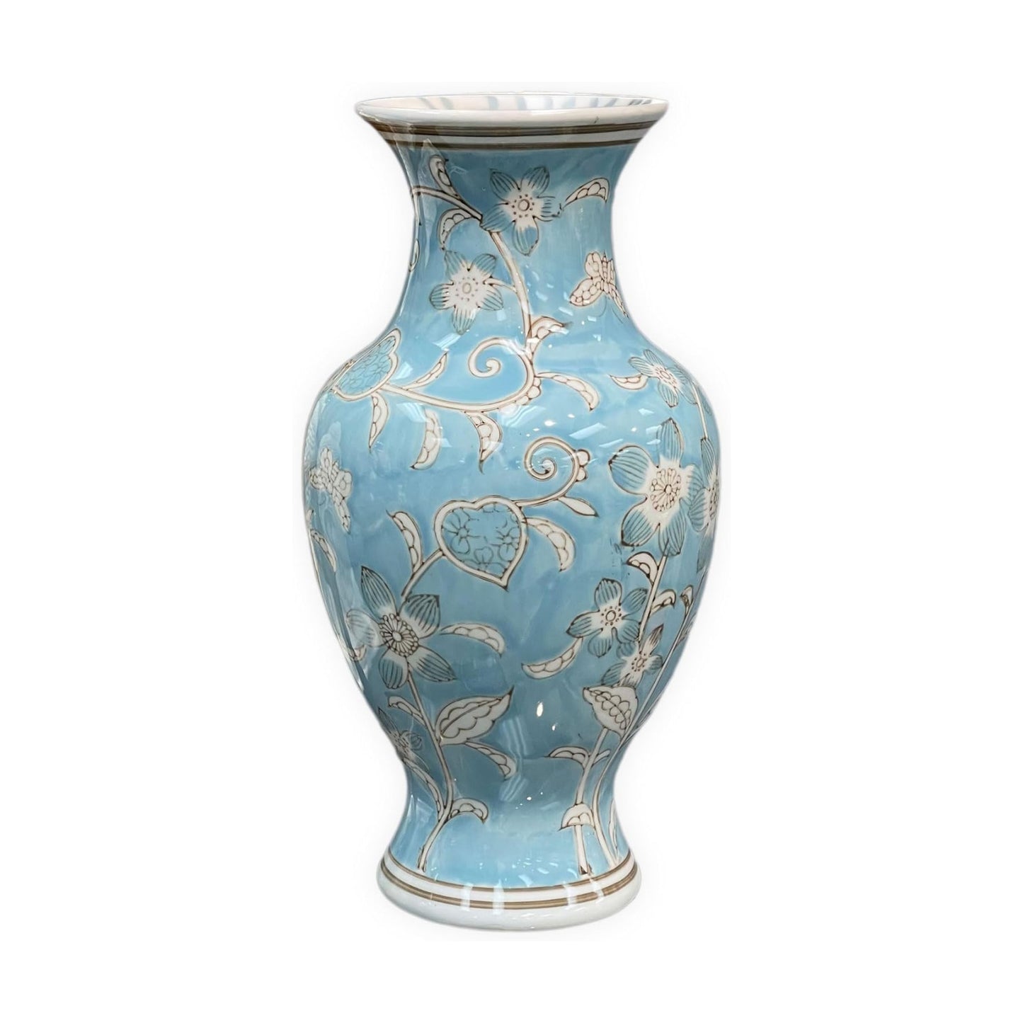 Light Blue and White Flower & Heart Chinoiserie Ceramic Vase 14"- Hand / Light Blue & White Flower
