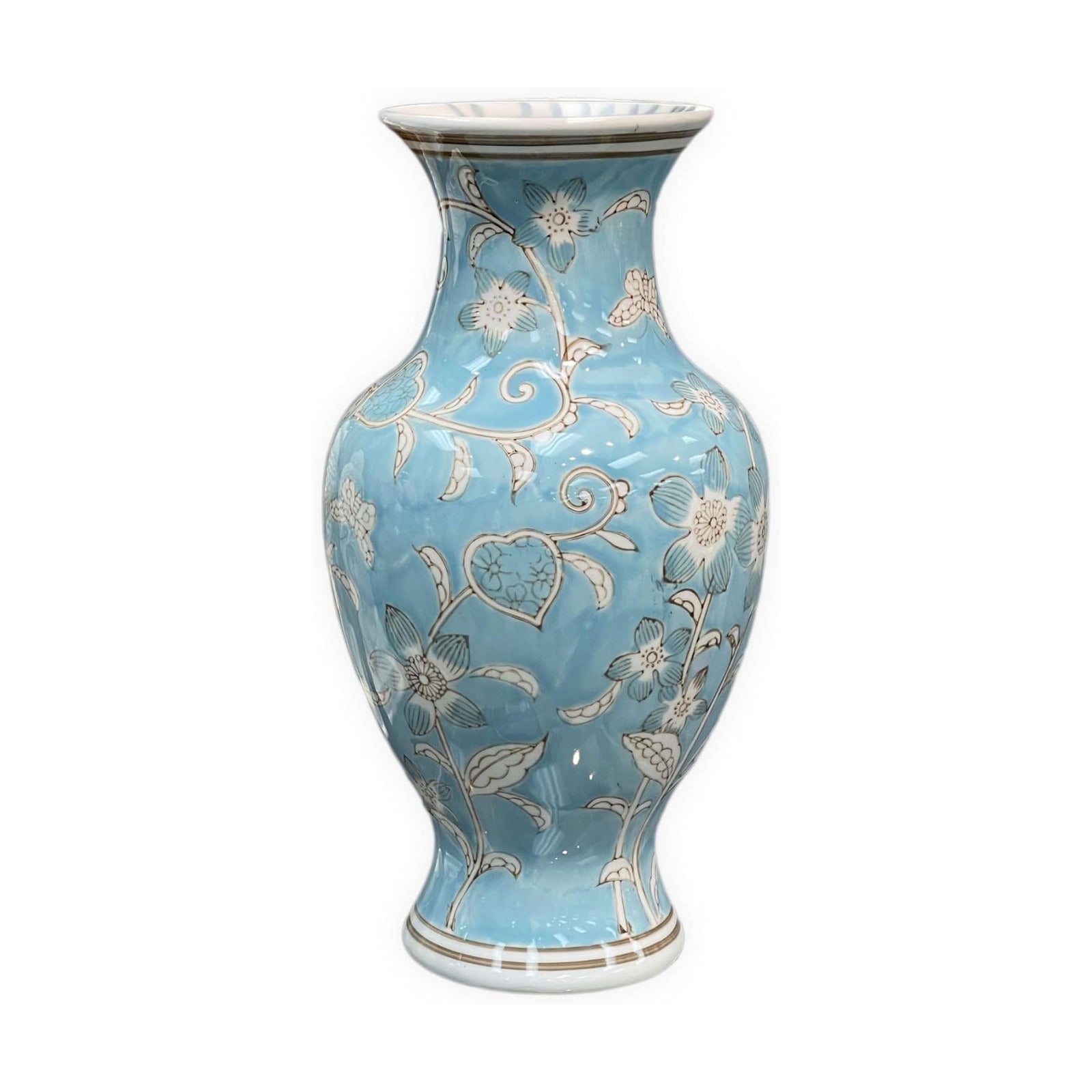 Light Blue and White Flower & Heart Chinoiserie Ceramic Vase 14"- Hand / Light Blue & White Flower