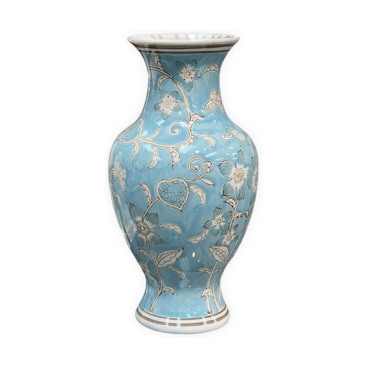 Light Blue and White Flower & Heart Chinoiserie Ceramic Vase 14"- Hand / Light Blue & White Flower