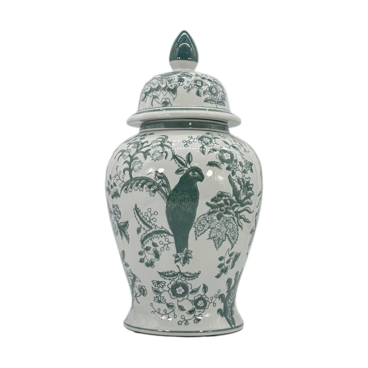 Galt International Veridian Parrot Floral Chinoiserie Ceramic Temple Jar 18" w/Lid - Ginger Jar Home & Kitchen Decor