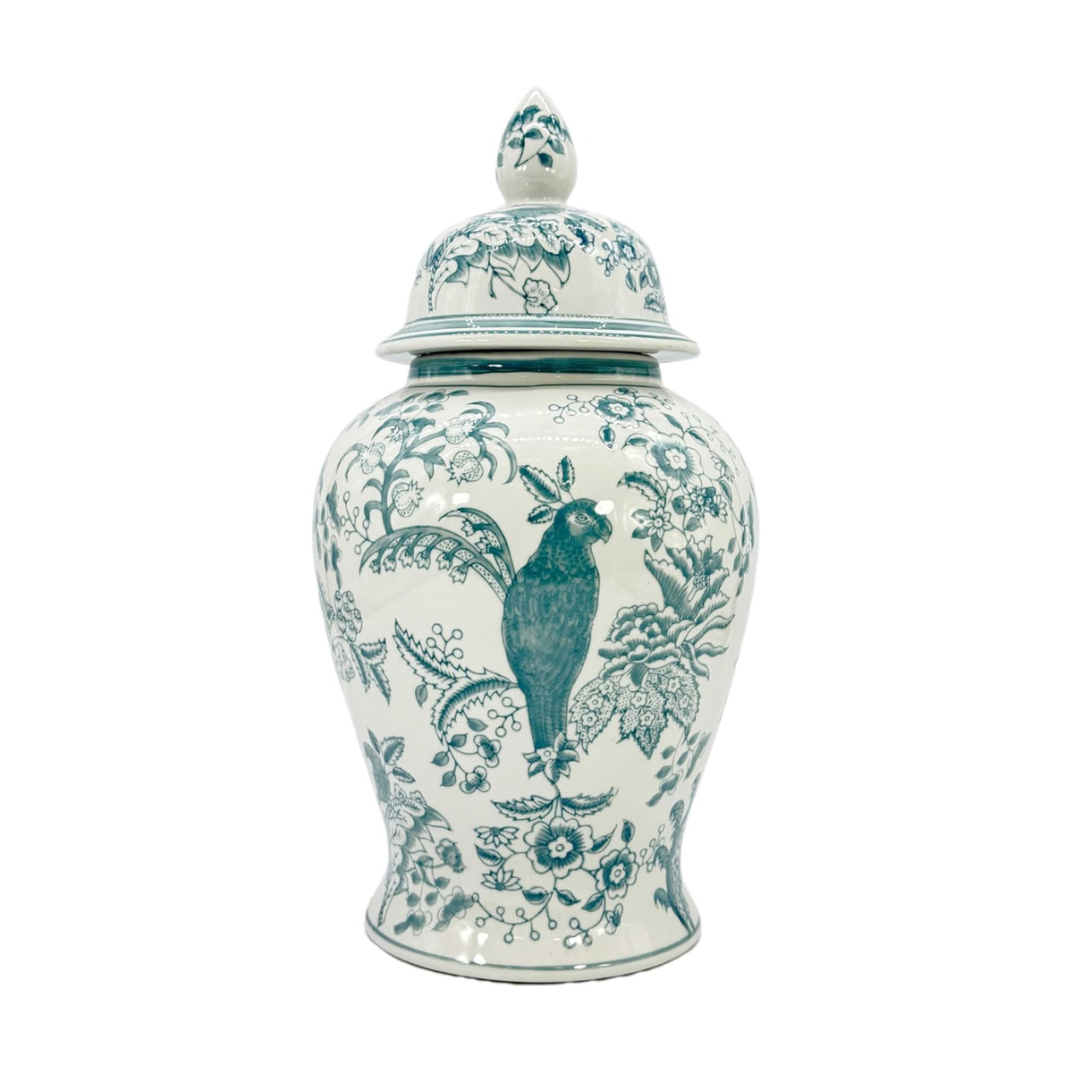 Galt International Dark Teal Parrot Floral Chinoiserie Ceramic Temple Jar 18" w/Lid - Ginger Jar Home & Kitchen Decor