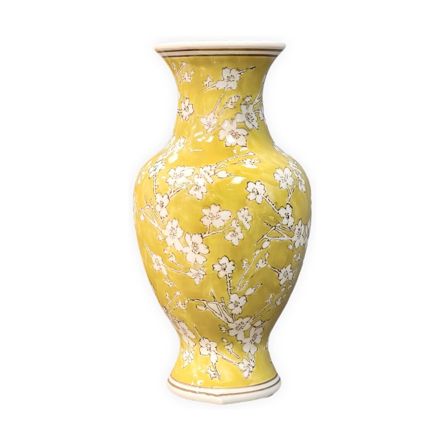 14" Hand Painted Chinoiserie Ceramic Vase / Yellow & White