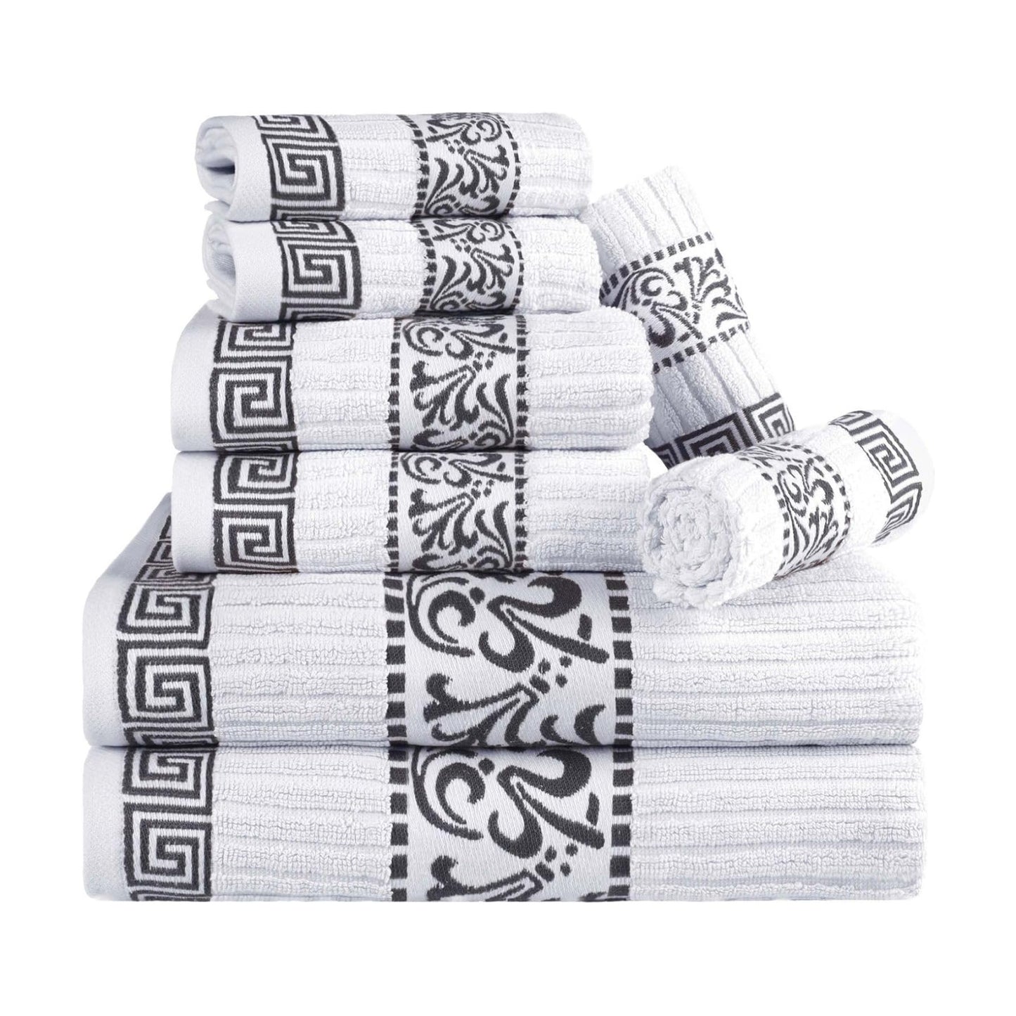 Superior 8-Piece Cotton Towel Set, Decorative Greek Pattern, Home Essentials, Absorbent Towels, Decor for Bathroom