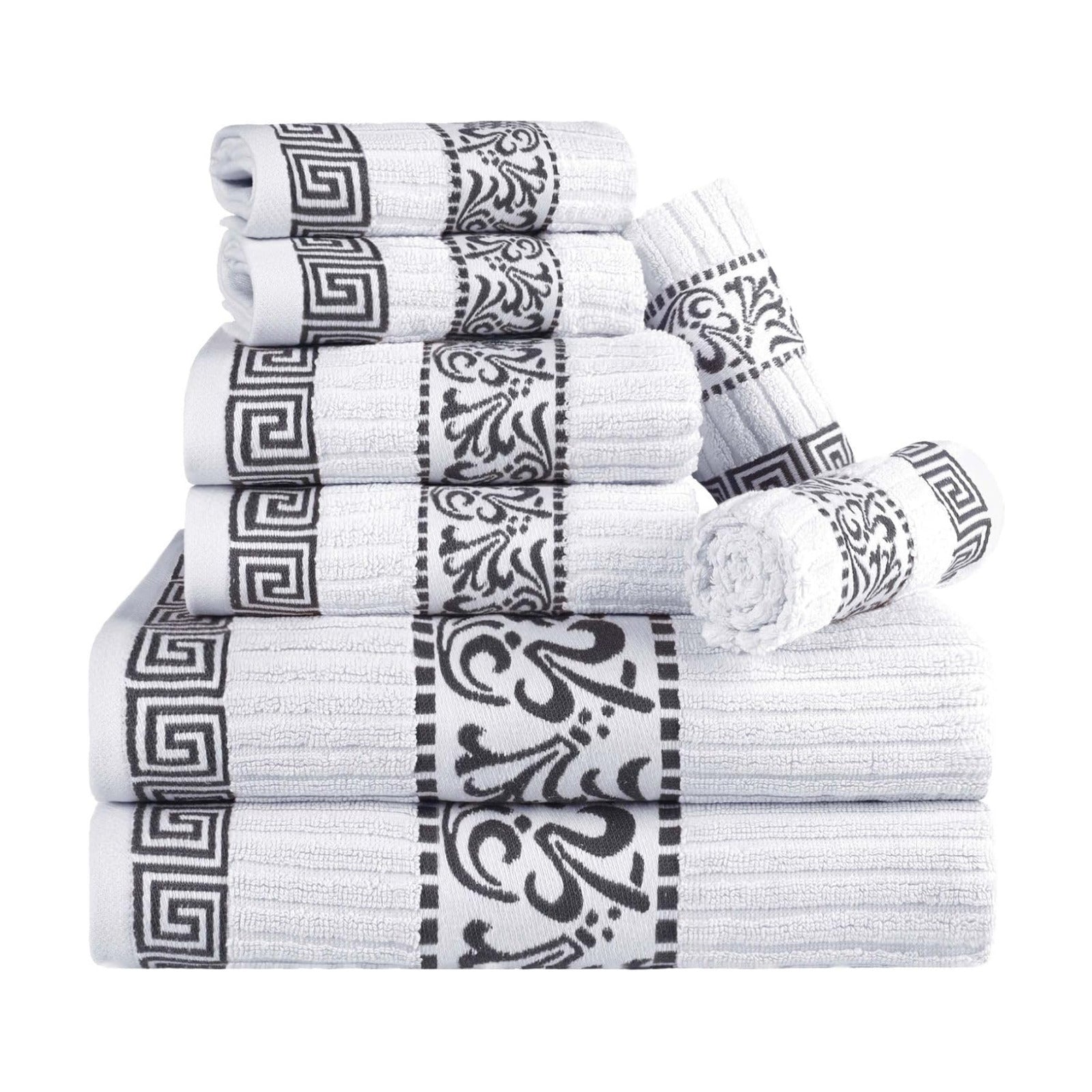 Superior 8-Piece Cotton Towel Set, Decorative Greek Pattern, Home Essentials, Absorbent Towels, Decor for Bathroom